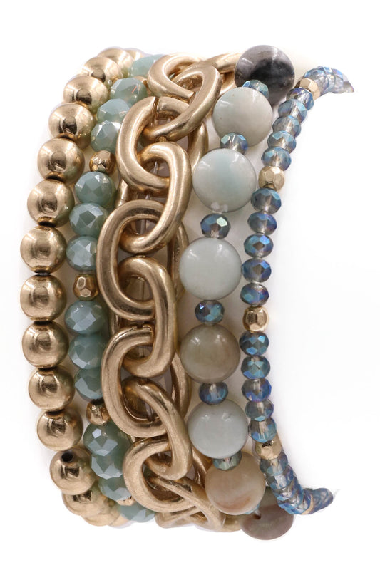 5 piece Stackable Stretch Bracelets In Gold and Mint Stone